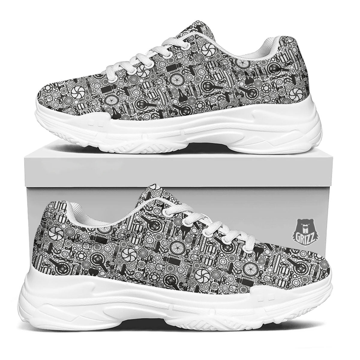 Mechanic White And Black Print Pattern White Chunky Shoes-grizzshop