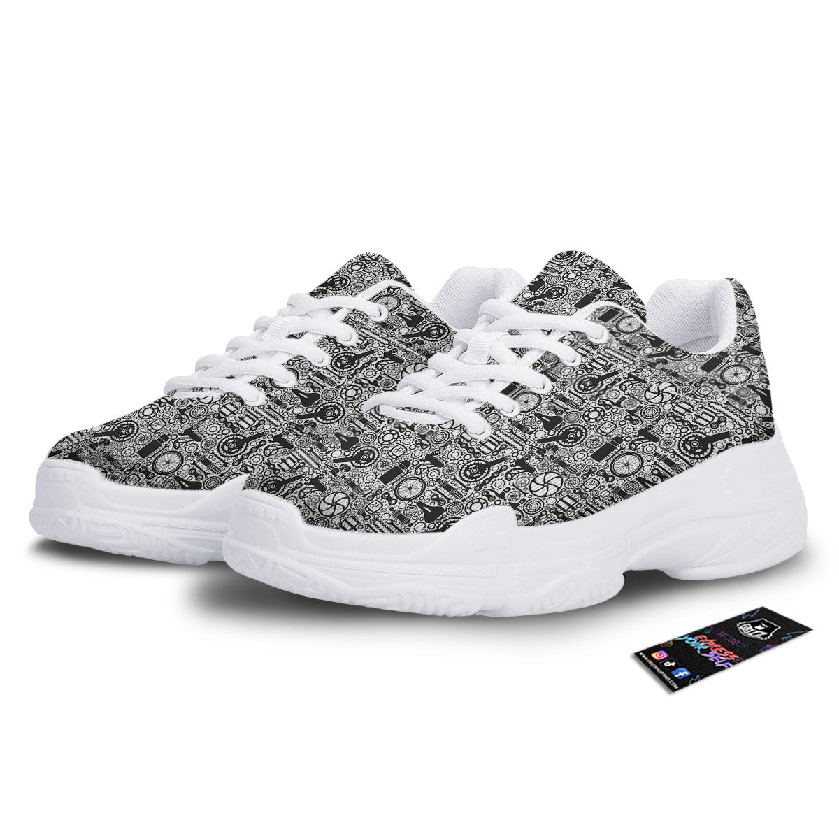 Mechanic White And Black Print Pattern White Chunky Shoes-grizzshop