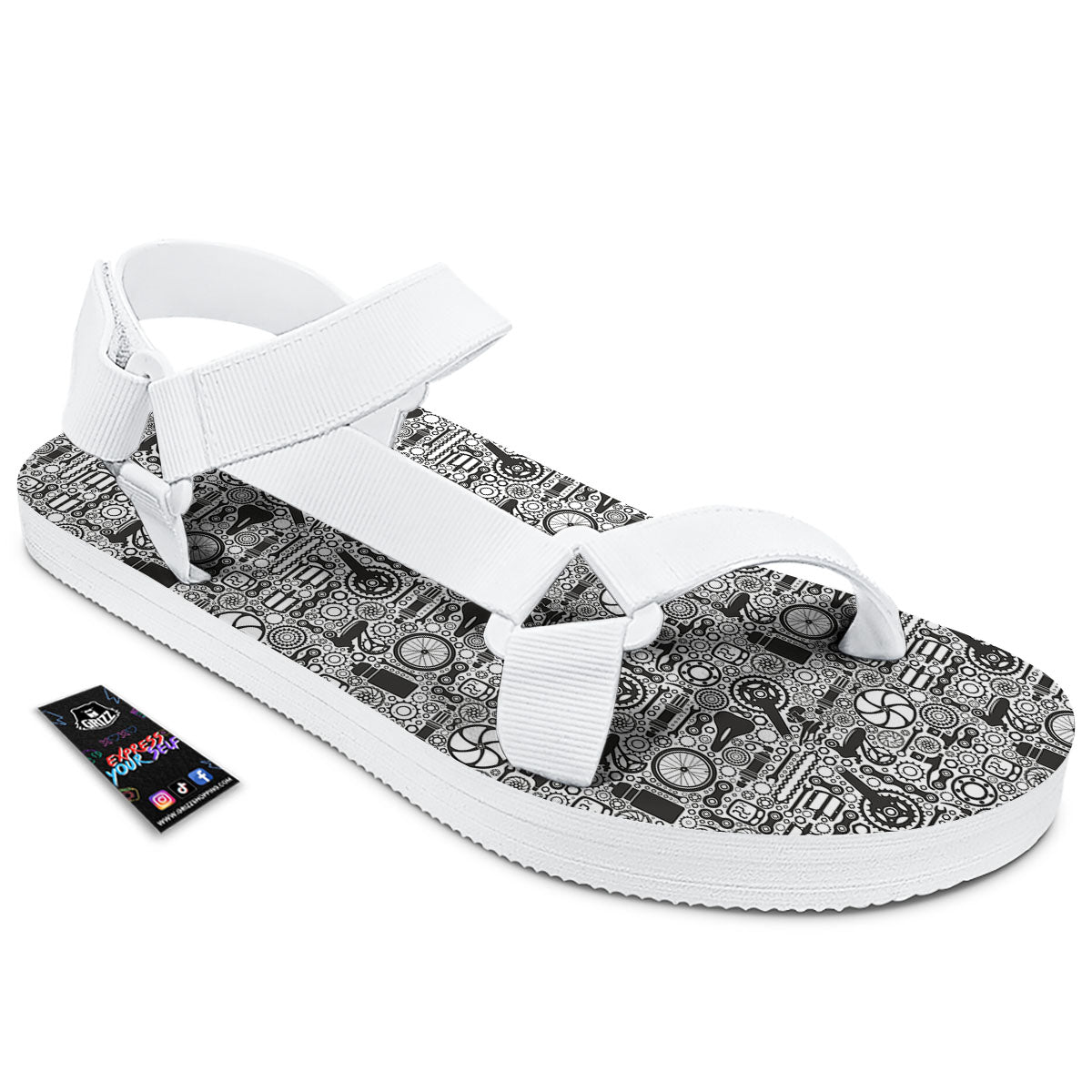 Mechanic White And Black Print Pattern White Open Toe Sandals-grizzshop