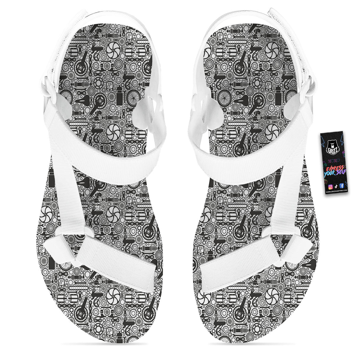 Mechanic White And Black Print Pattern White Open Toe Sandals-grizzshop