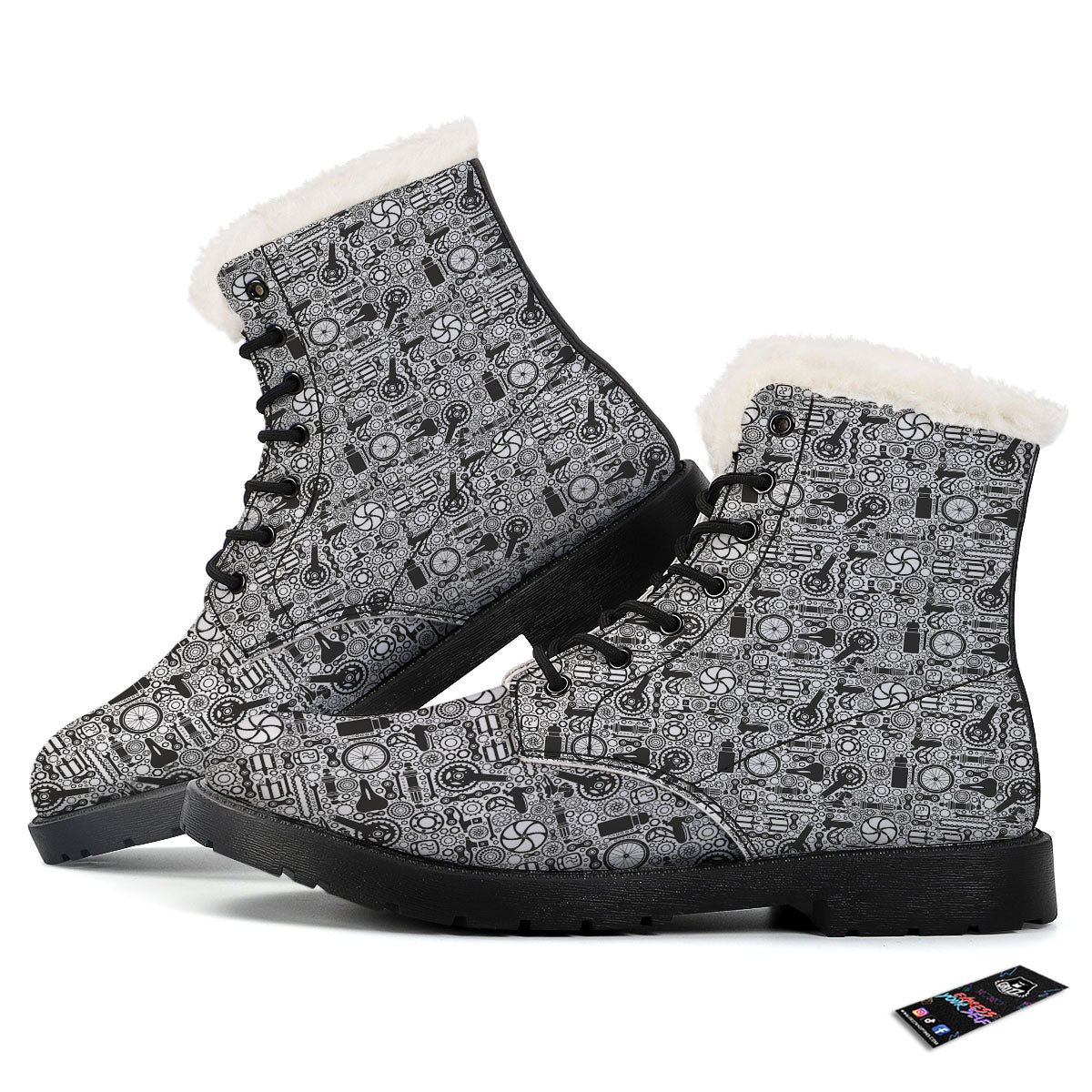 Mechanic White And Black Print Pattern Winter Boots-grizzshop