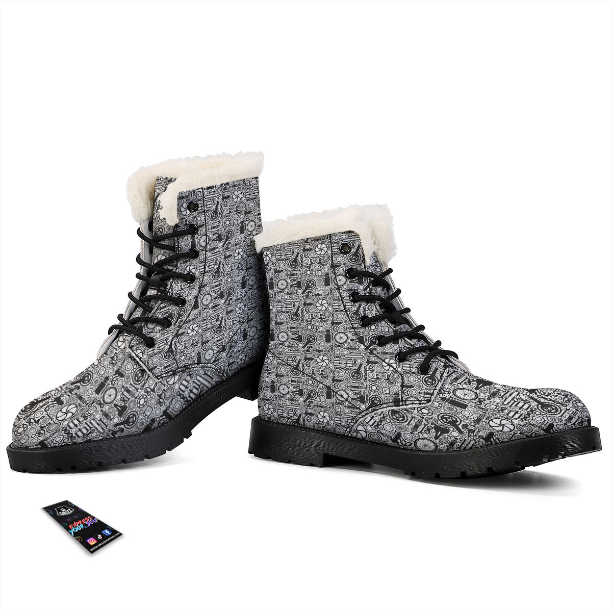 Mechanic White And Black Print Pattern Winter Boots-grizzshop