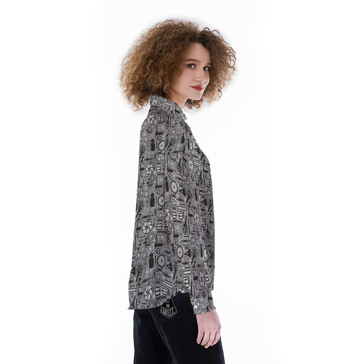 Mechanic White And Black Print Pattern Women's Long Sleeve Shirts-grizzshop