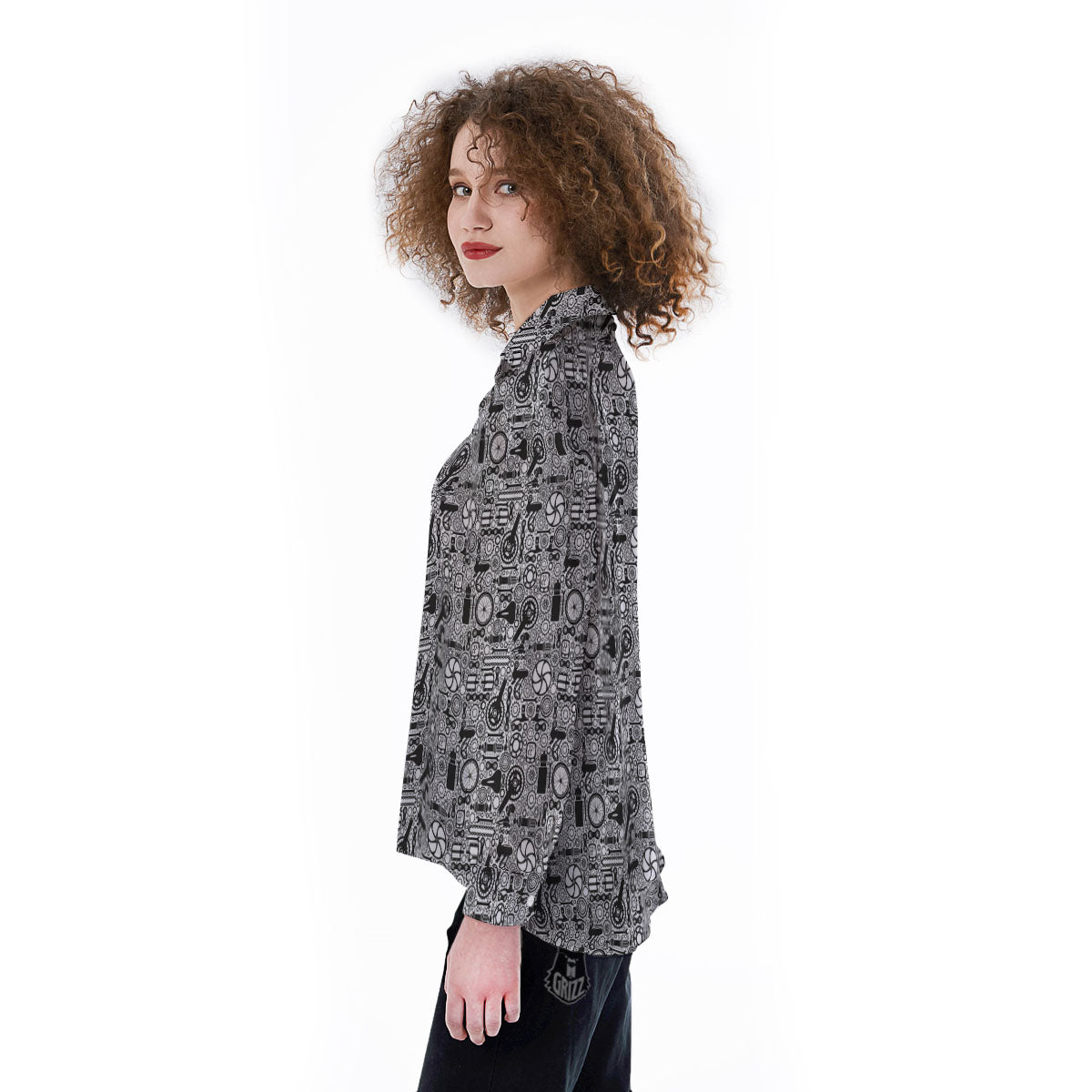 Mechanic White And Black Print Pattern Women's Long Sleeve Shirts-grizzshop