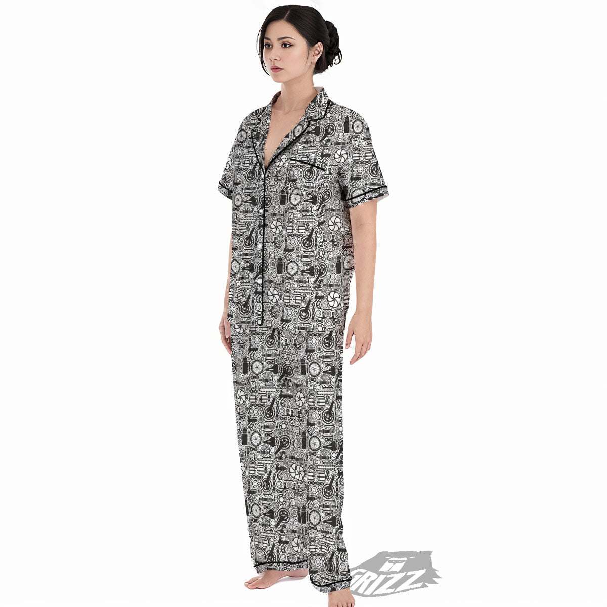 Mechanic White And Black Print Pattern Women's Pajamas Set-grizzshop
