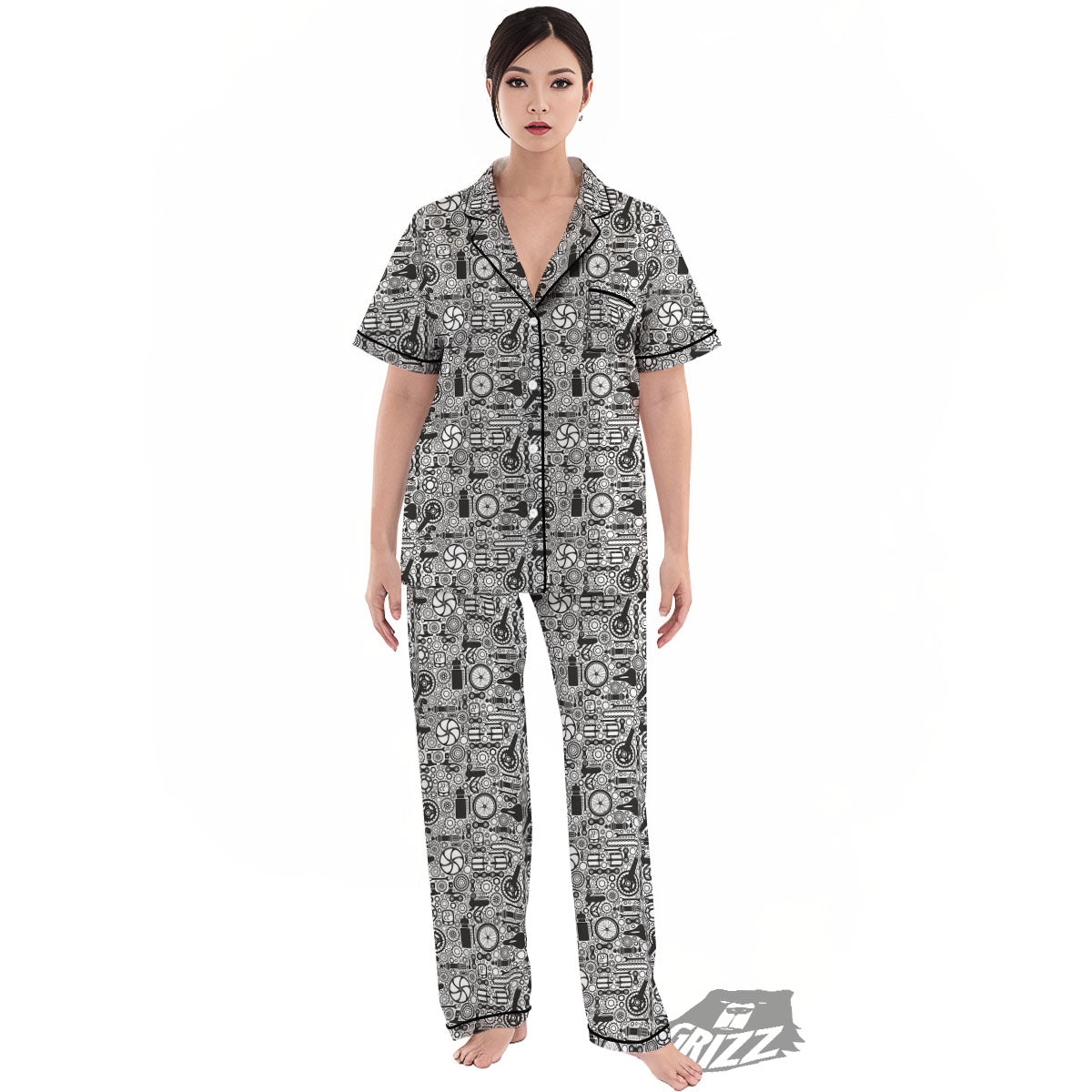 Mechanic White And Black Print Pattern Women's Pajamas Set-grizzshop