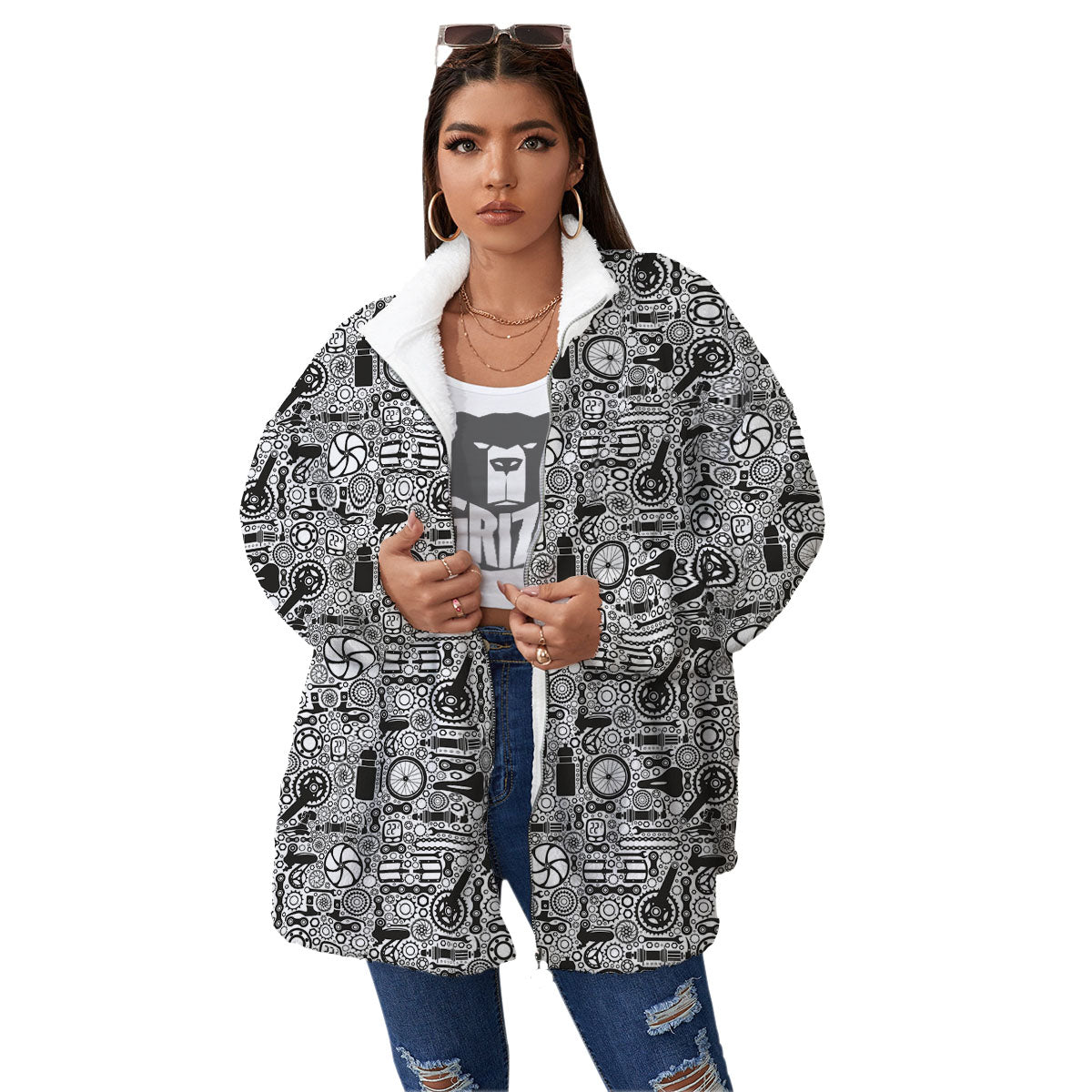Mechanic White And Black Print Pattern Women's Sherpa Jacket-grizzshop