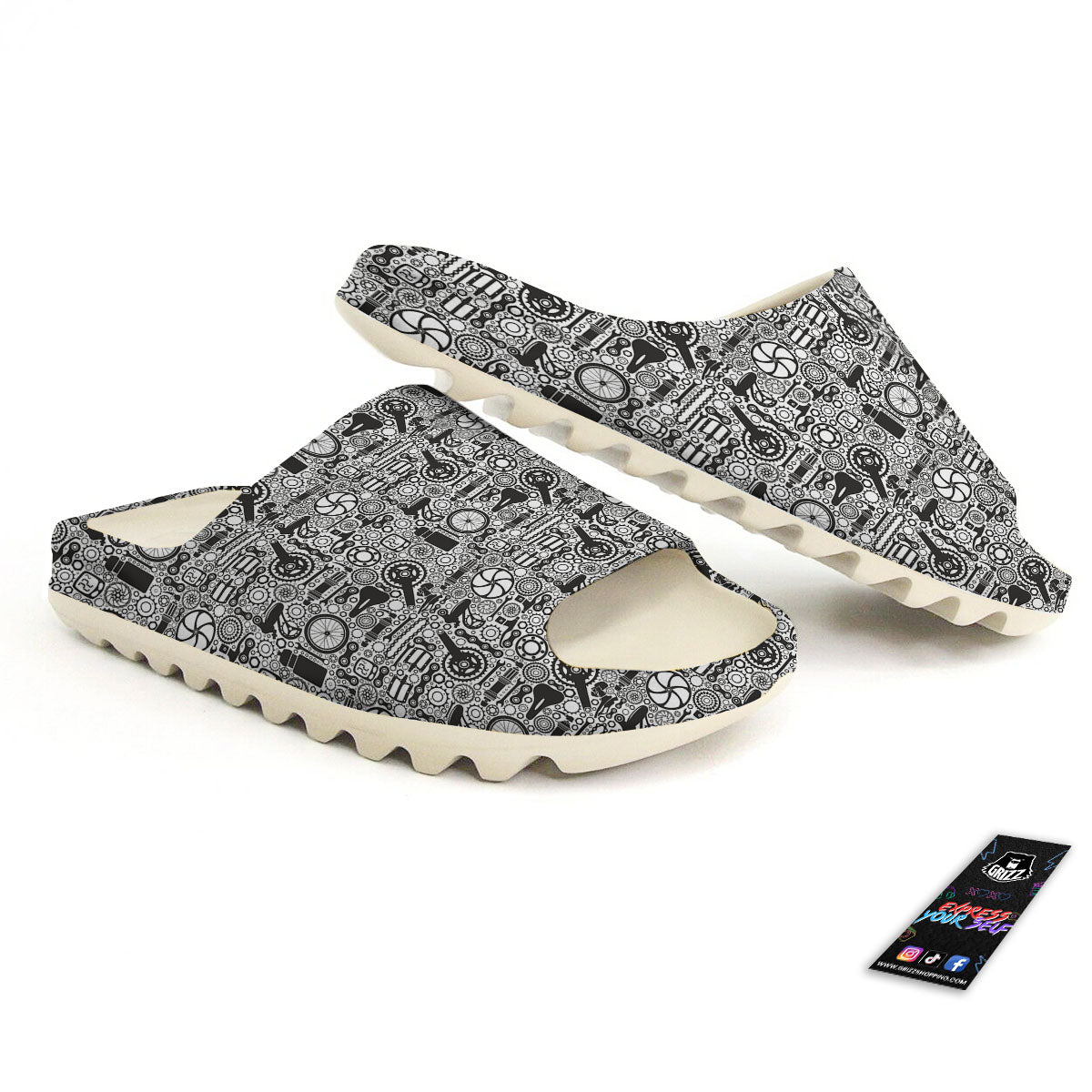Mechanic White And Black Print Pattern Sandals-grizzshop