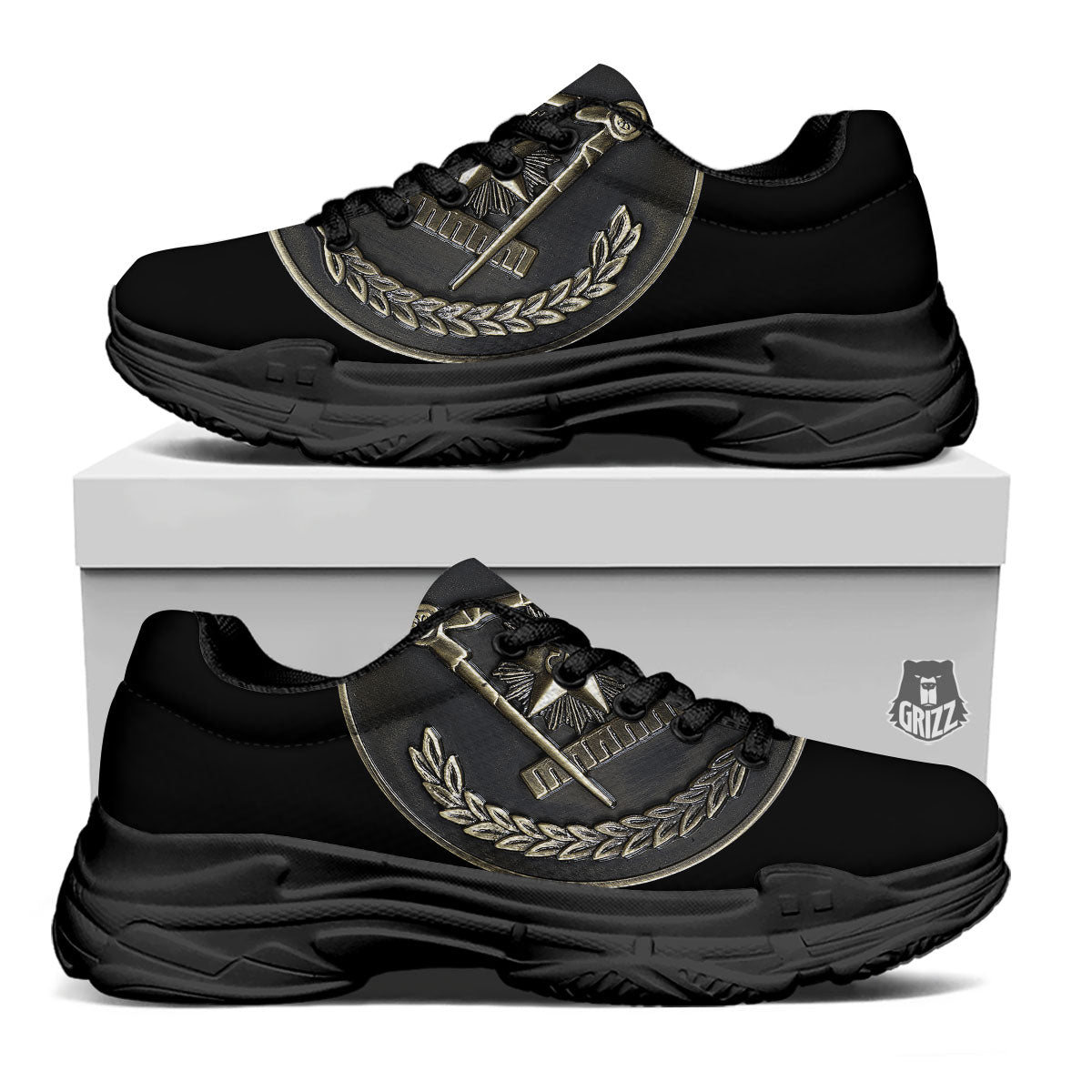 Medal Freemasonry Print Black Chunky Shoes-grizzshop