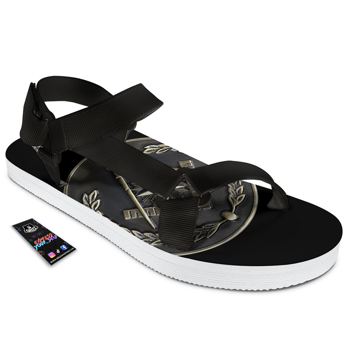 Medal Freemasonry Print Black Open Toe Sandals-grizzshop