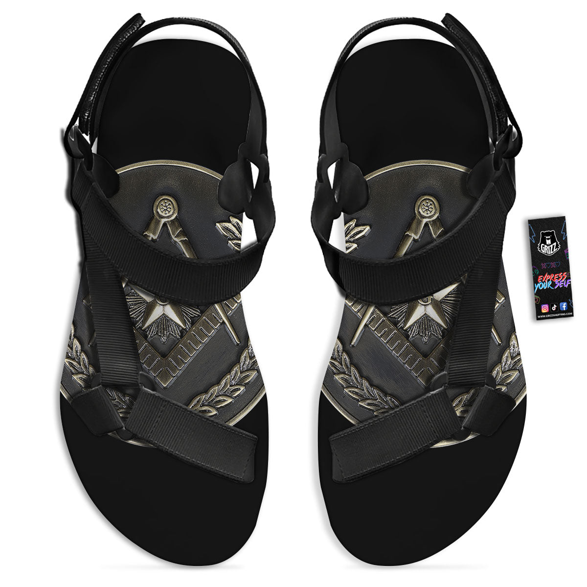 Medal Freemasonry Print Black Open Toe Sandals-grizzshop
