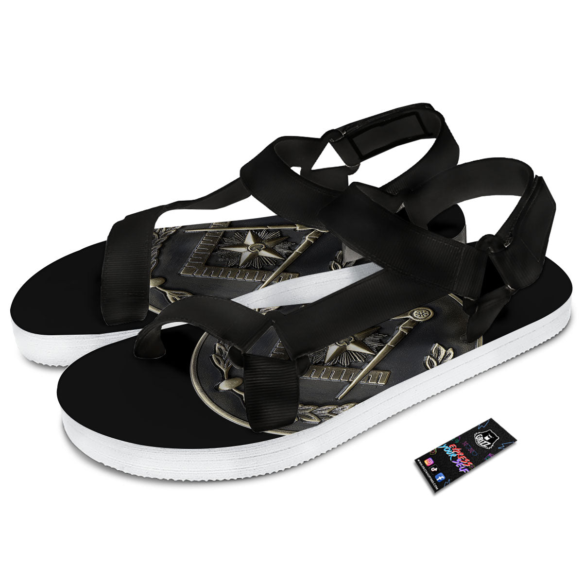 Medal Freemasonry Print Black Open Toe Sandals-grizzshop