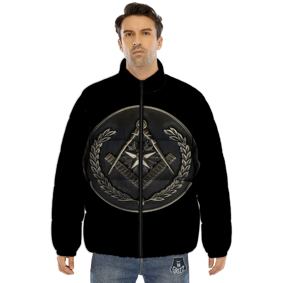 Medal Freemasonry Print Puffer Jacket-grizzshop