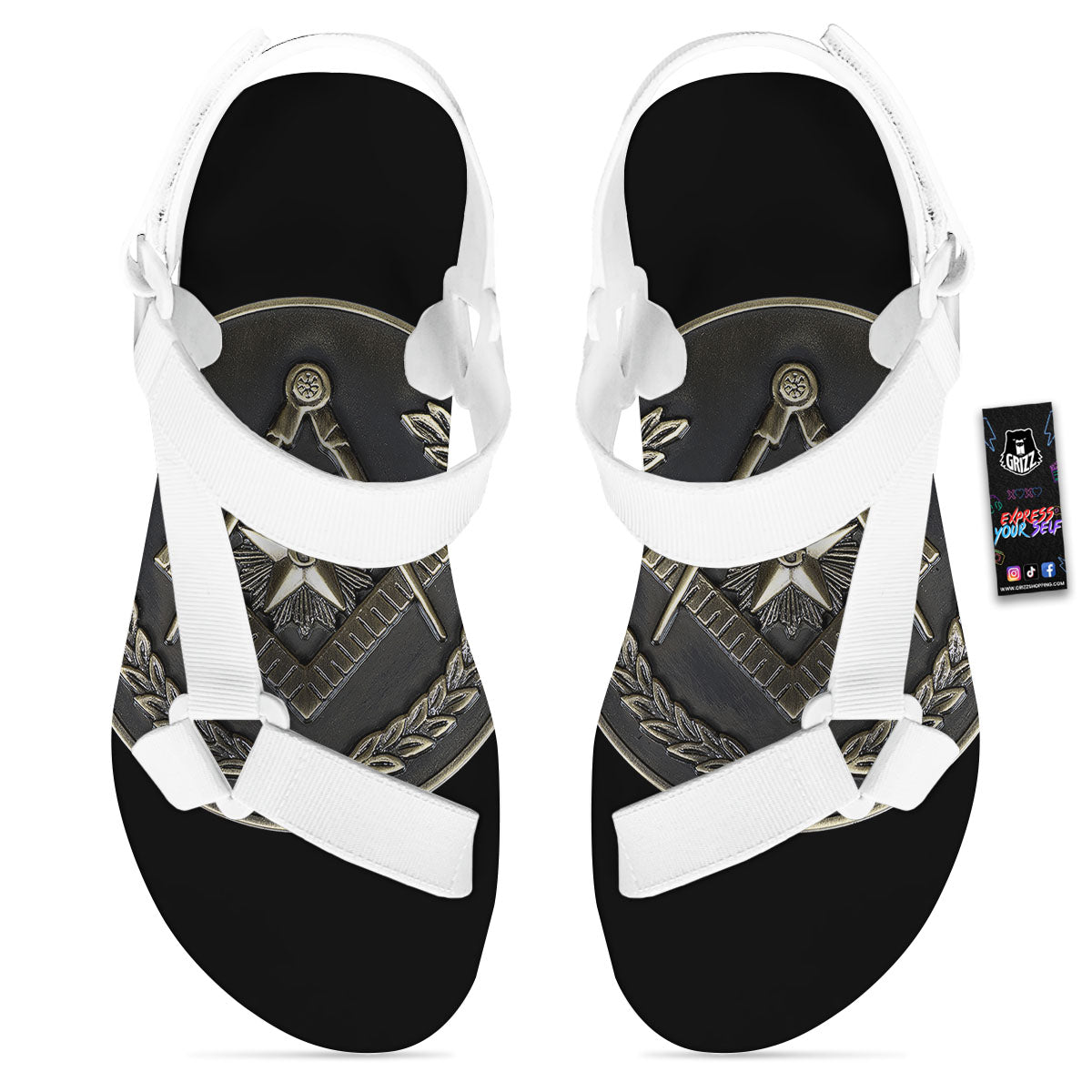 Medal Freemasonry Print White Open Toe Sandals-grizzshop