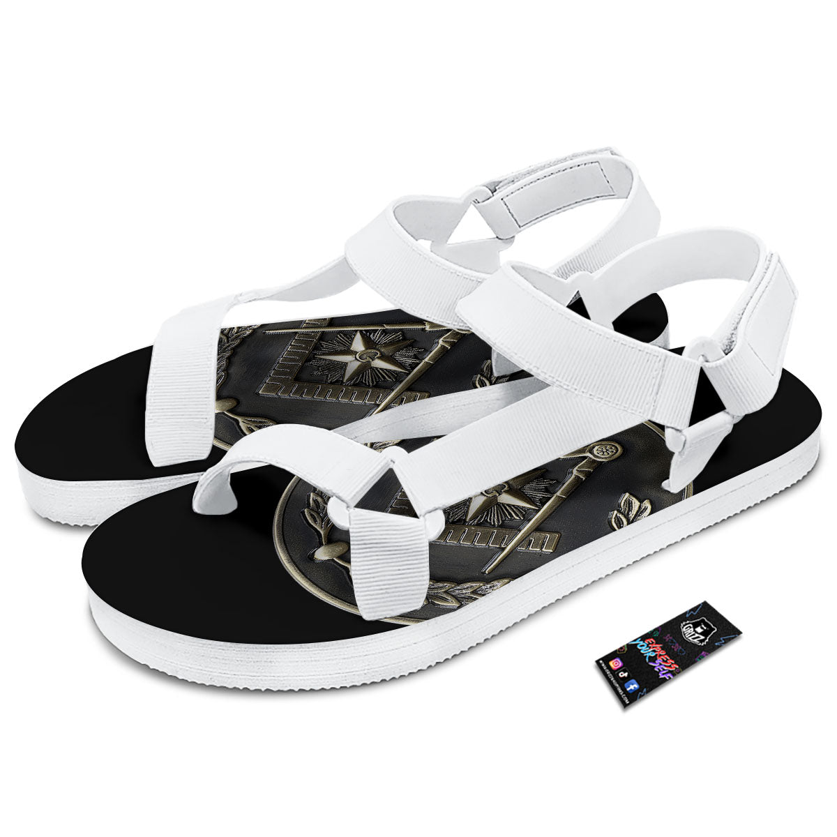 Medal Freemasonry Print White Open Toe Sandals-grizzshop