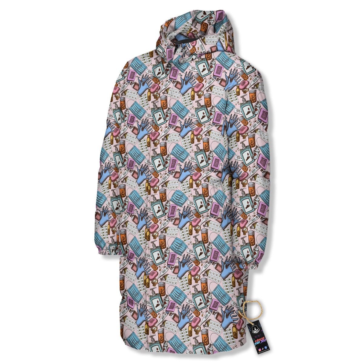 Medical Colorful Print Pattern Long Down Jacket-grizzshop