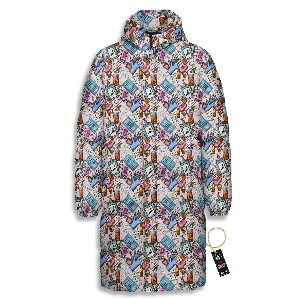 Medical Colorful Print Pattern Long Down Jacket-grizzshop