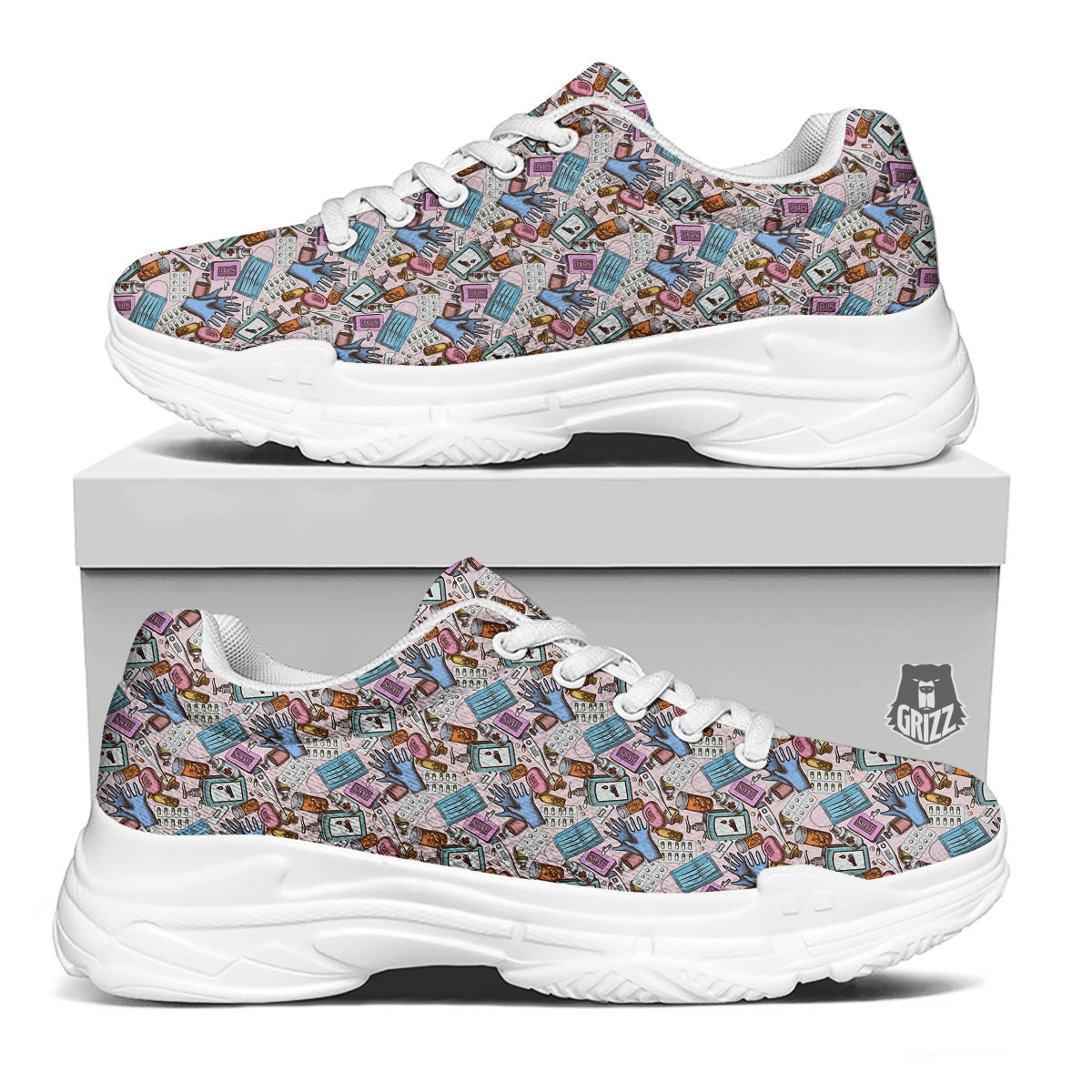 Medical Colorful Print Pattern White Chunky Shoes-grizzshop