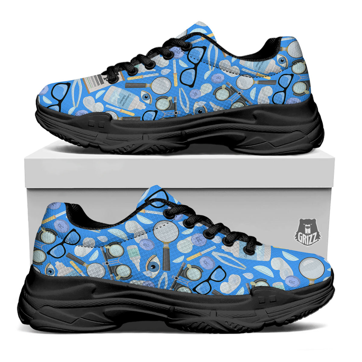 Medical Optometry Accessory Blue Print Pattern Black Chunky Shoes-grizzshop