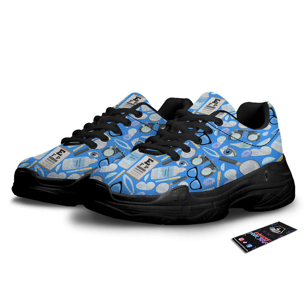 Medical Optometry Accessory Blue Print Pattern Black Chunky Shoes-grizzshop