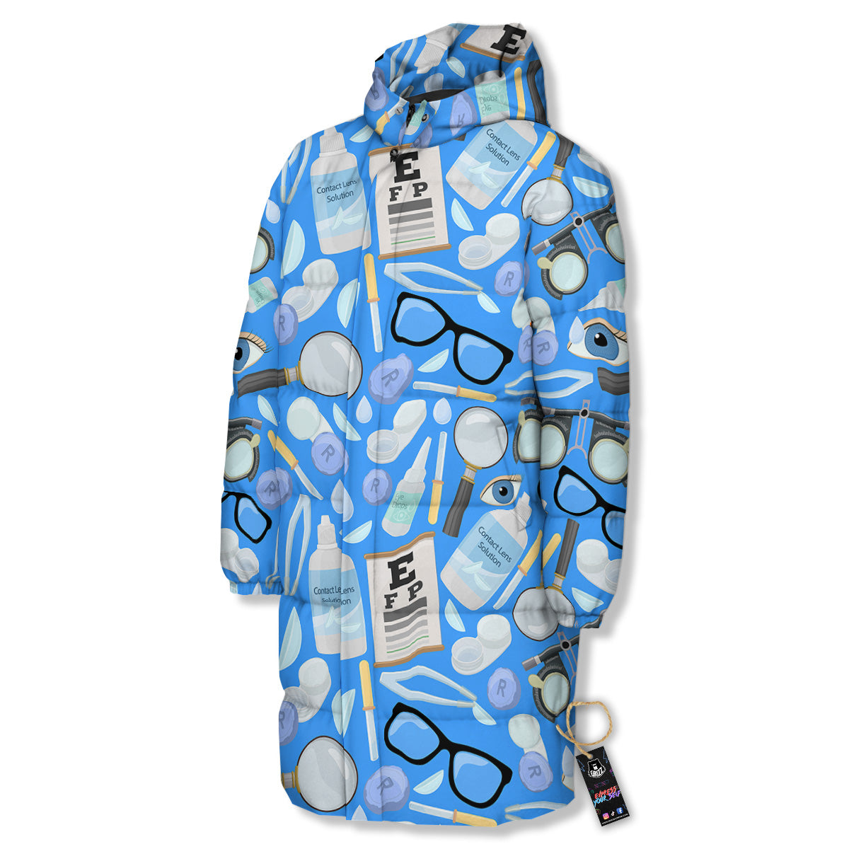 Medical Optometry Accessory Blue Print Pattern Long Down Jacket-grizzshop