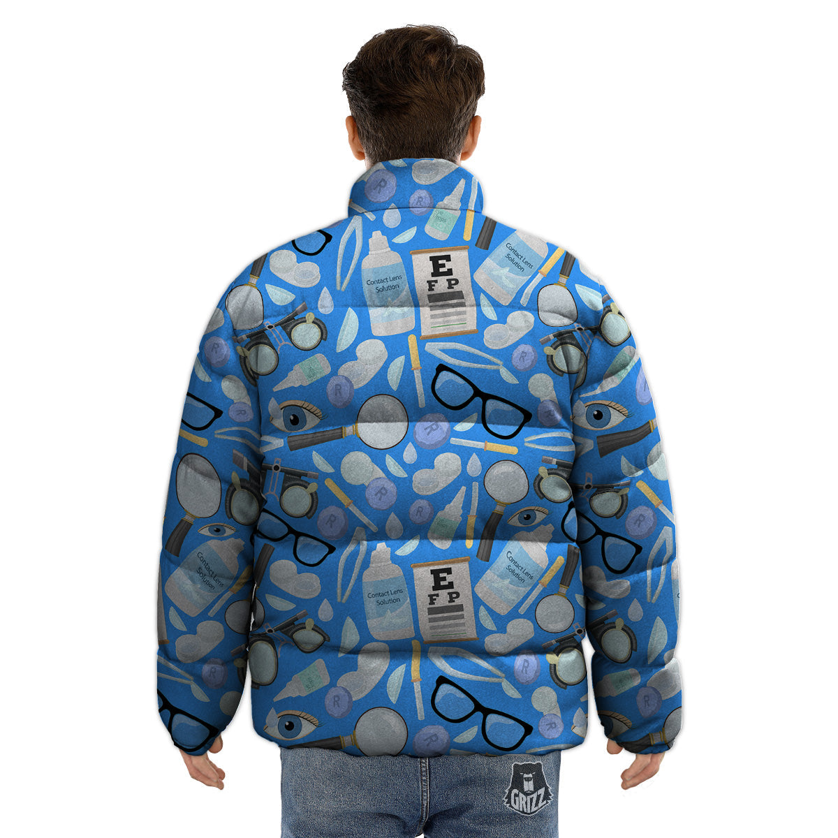 Medical Optometry Accessory Blue Print Pattern Puffer Jacket-grizzshop