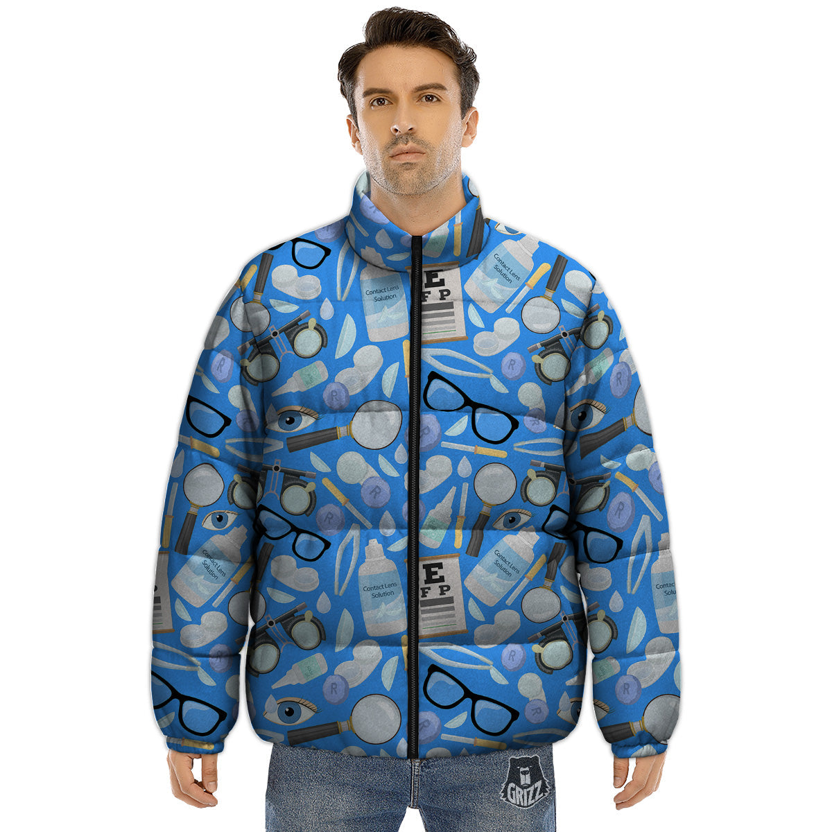 Medical Optometry Accessory Blue Print Pattern Puffer Jacket-grizzshop