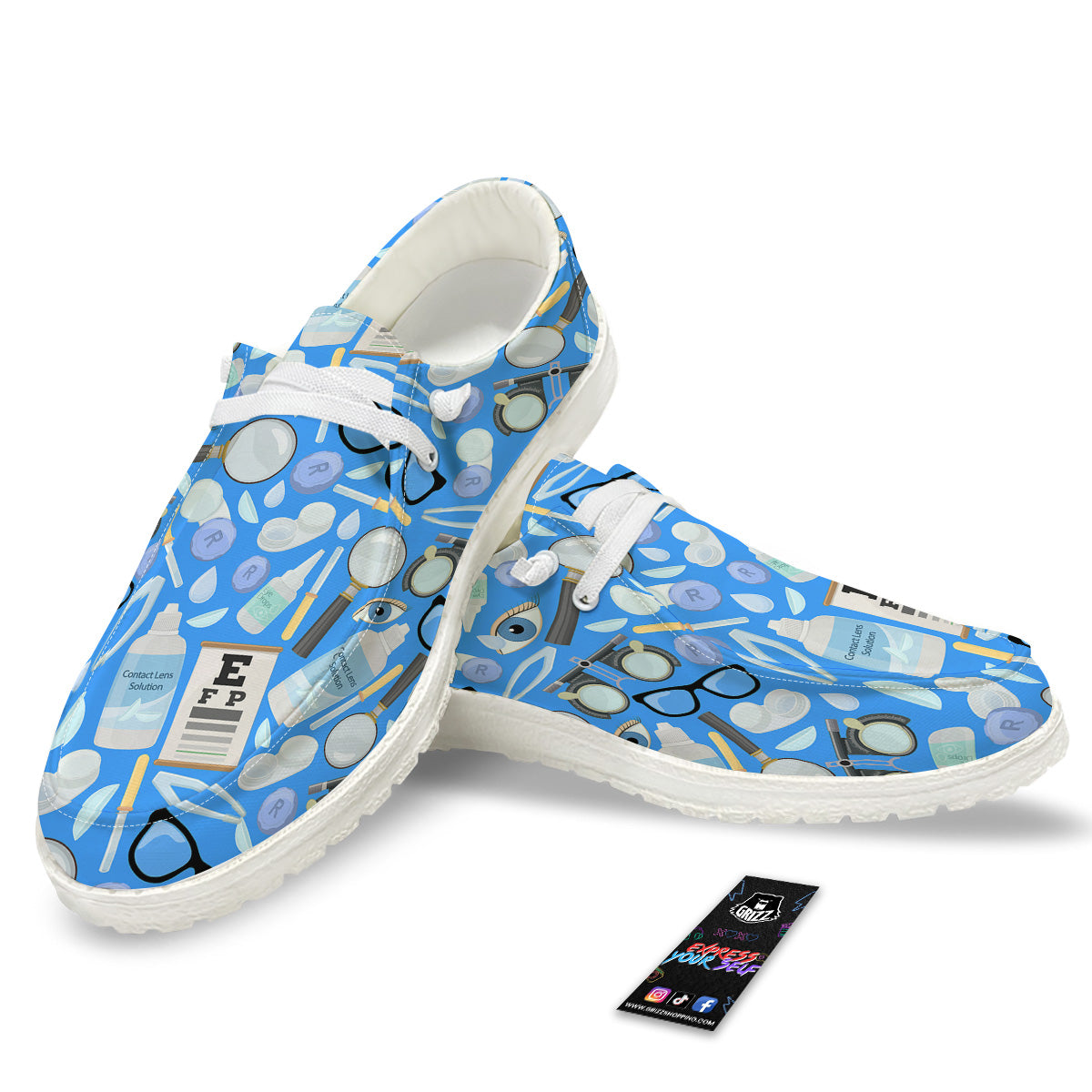 Medical Optometry Accessory Blue Print Pattern White Loafers-grizzshop