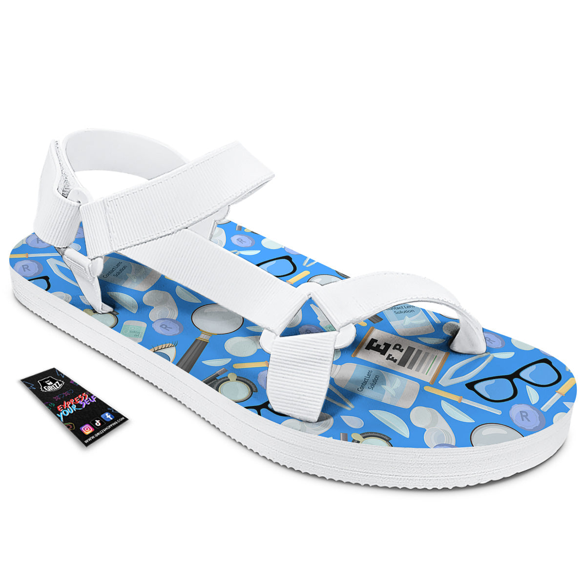 Medical Optometry Accessory Blue Print Pattern White Open Toe Sandals-grizzshop
