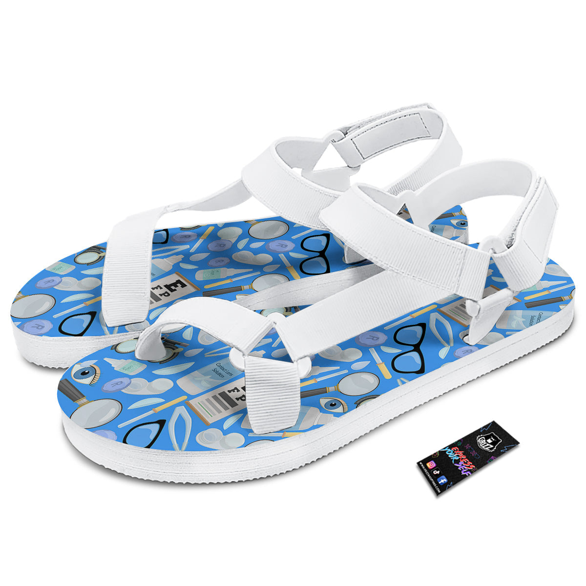 Medical Optometry Accessory Blue Print Pattern White Open Toe Sandals-grizzshop