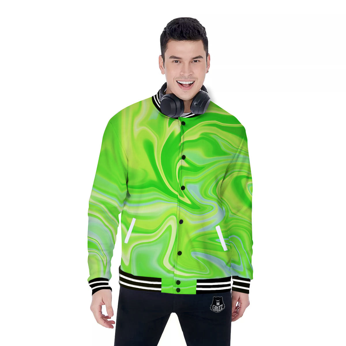Melt Acid Green Print Baseball Jacket-grizzshop