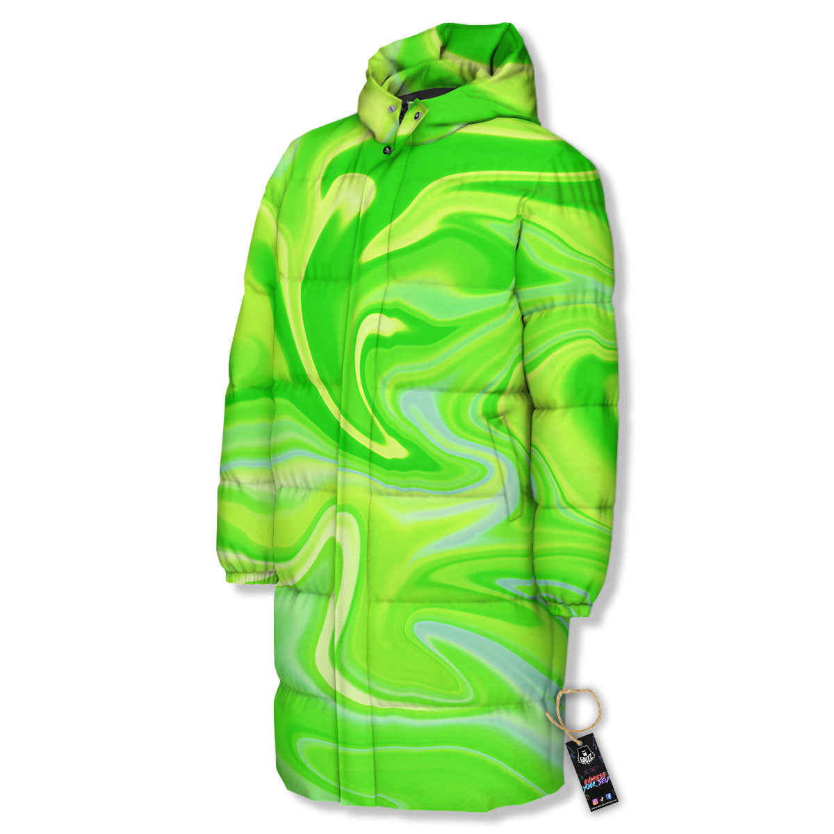 Melt Acid Green Print Long Down Jacket-grizzshop