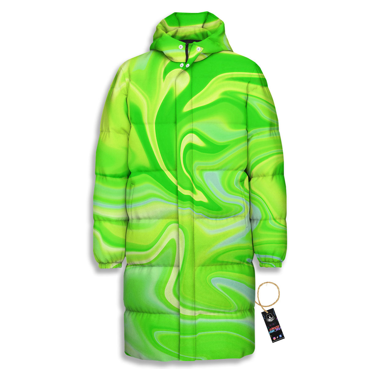 Melt Acid Green Print Long Down Jacket-grizzshop