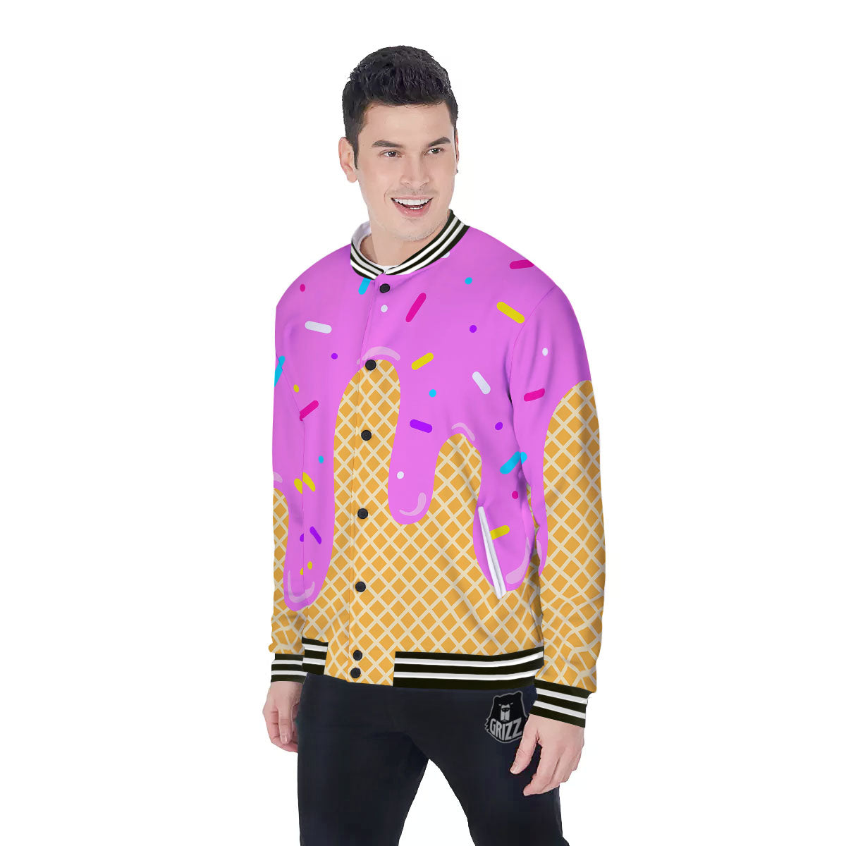 Melted Ice Cream Pink Print Baseball Jacket-grizzshop