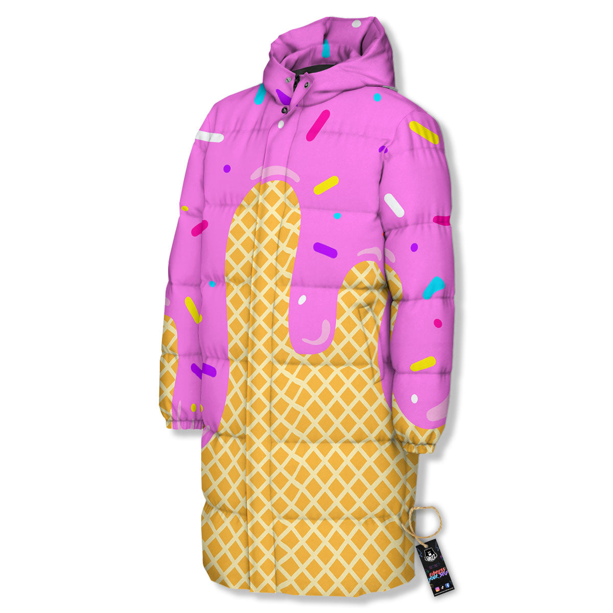 Melted Ice Cream Pink Print Long Down Jacket-grizzshop