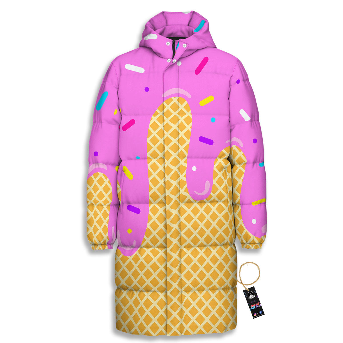Melted Ice Cream Pink Print Long Down Jacket-grizzshop