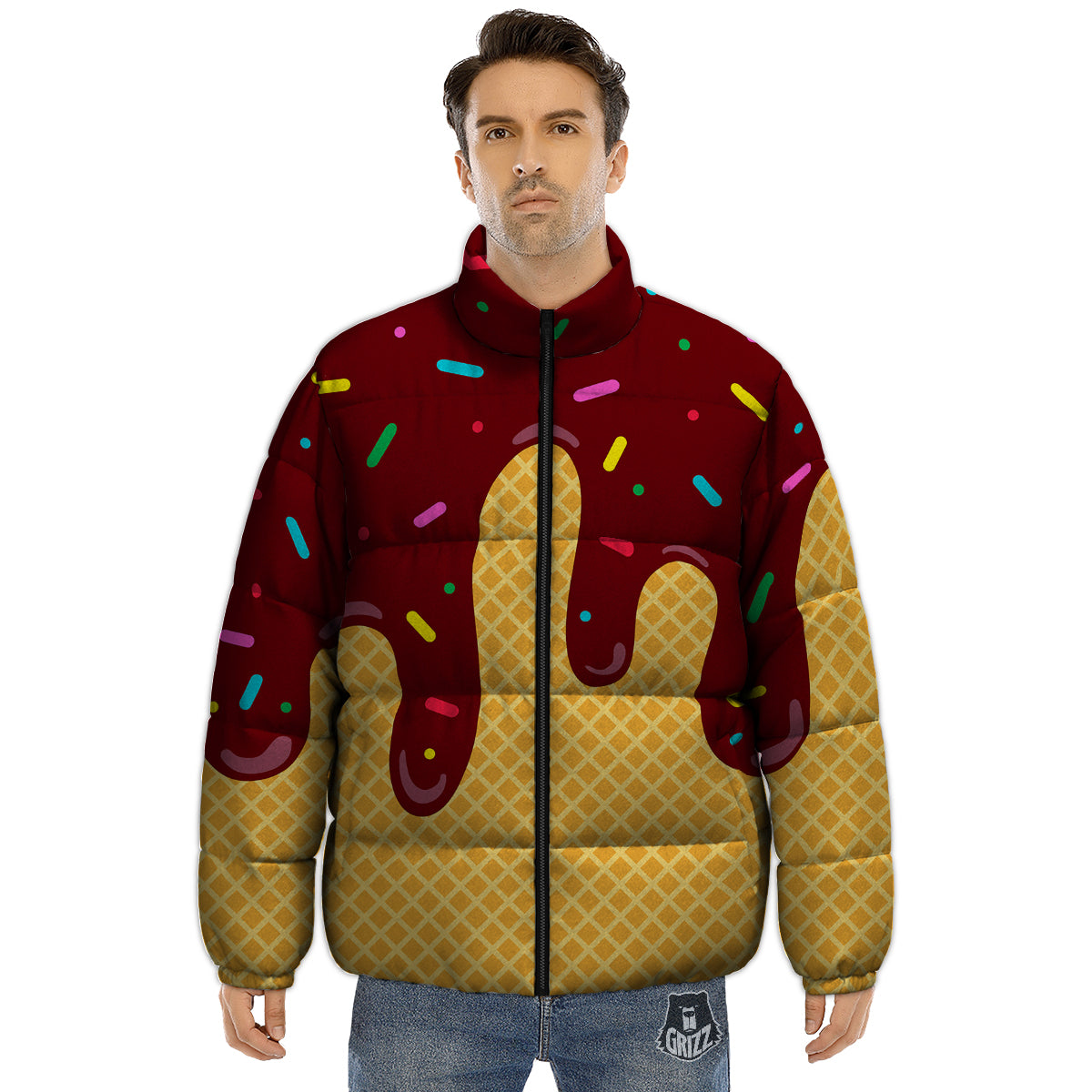 Melted Ice Cream Print Pattern Puffer Jacket-grizzshop
