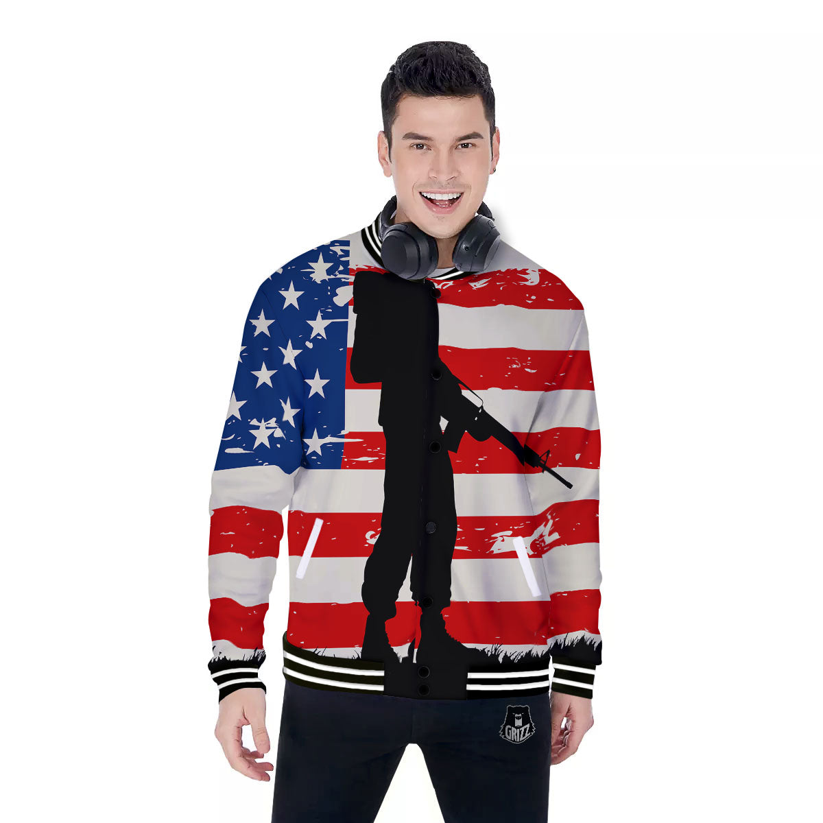 Memorial War American Flag Print Baseball Jacket-grizzshop
