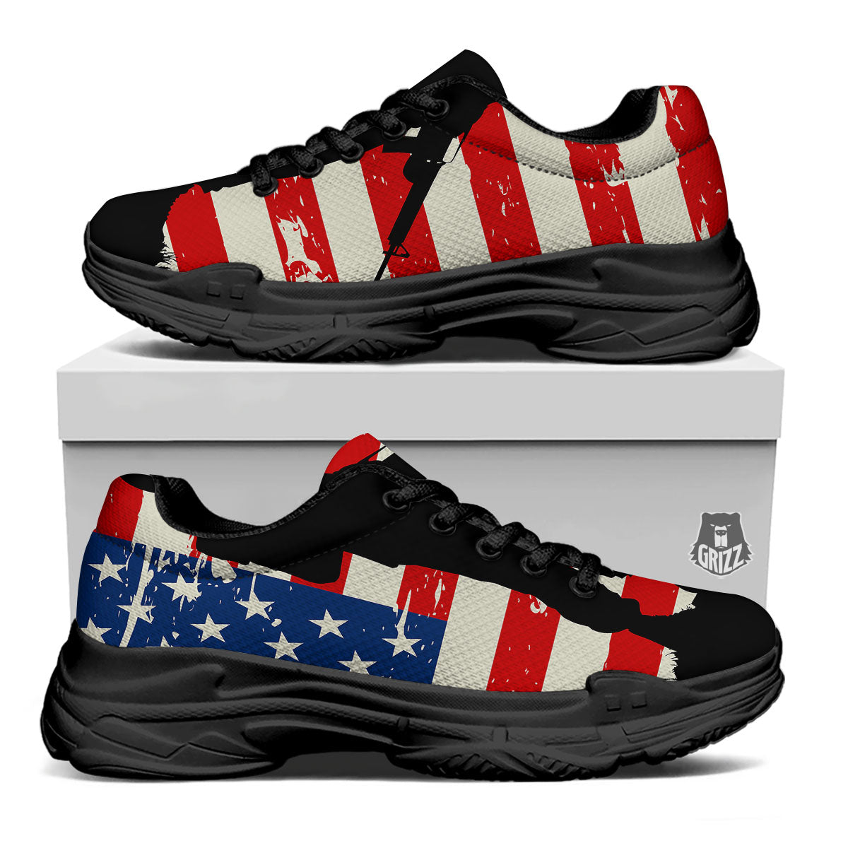 Memorial War American Flag Print Black Chunky Shoes-grizzshop