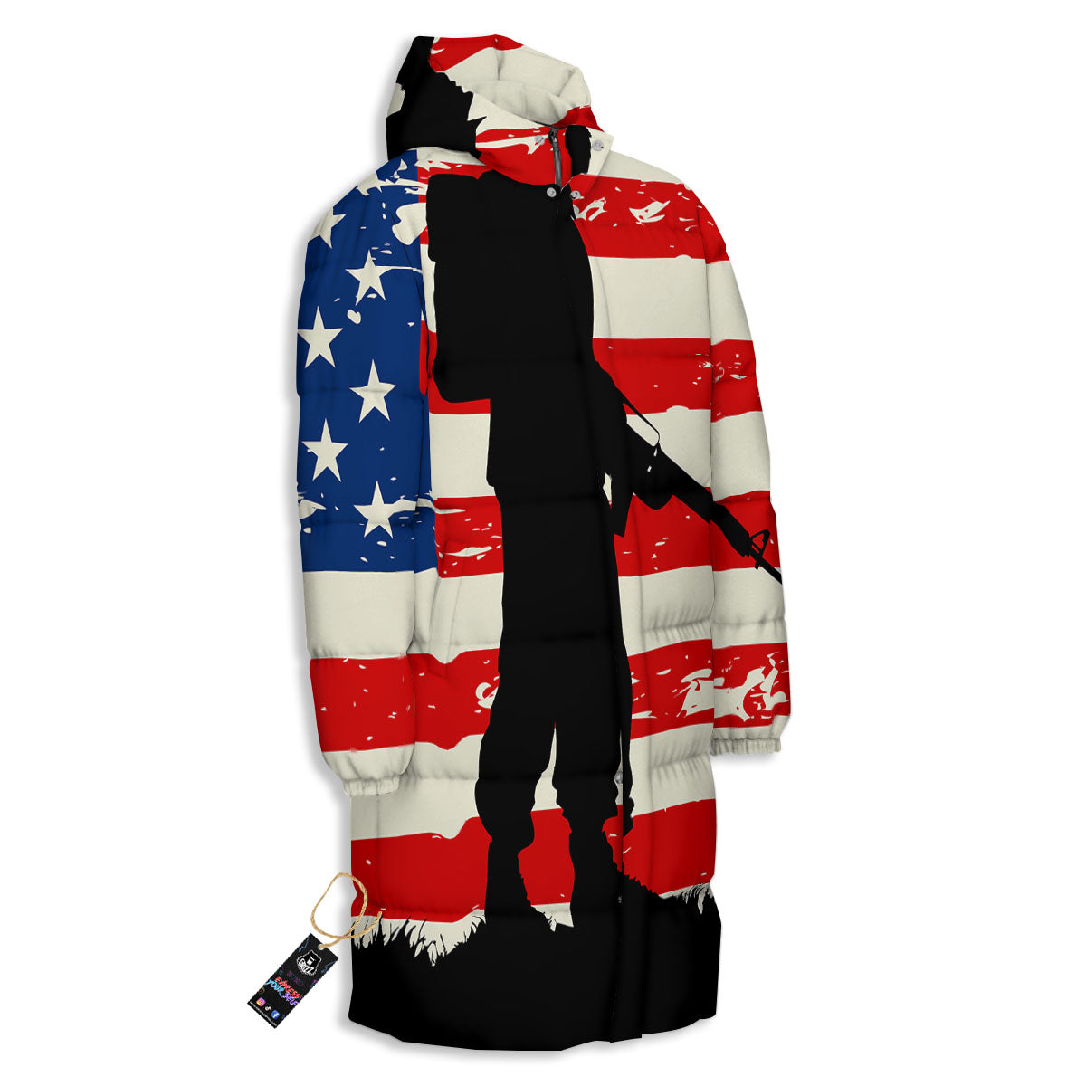 Memorial War American Flag Print Long Down Jacket-grizzshop