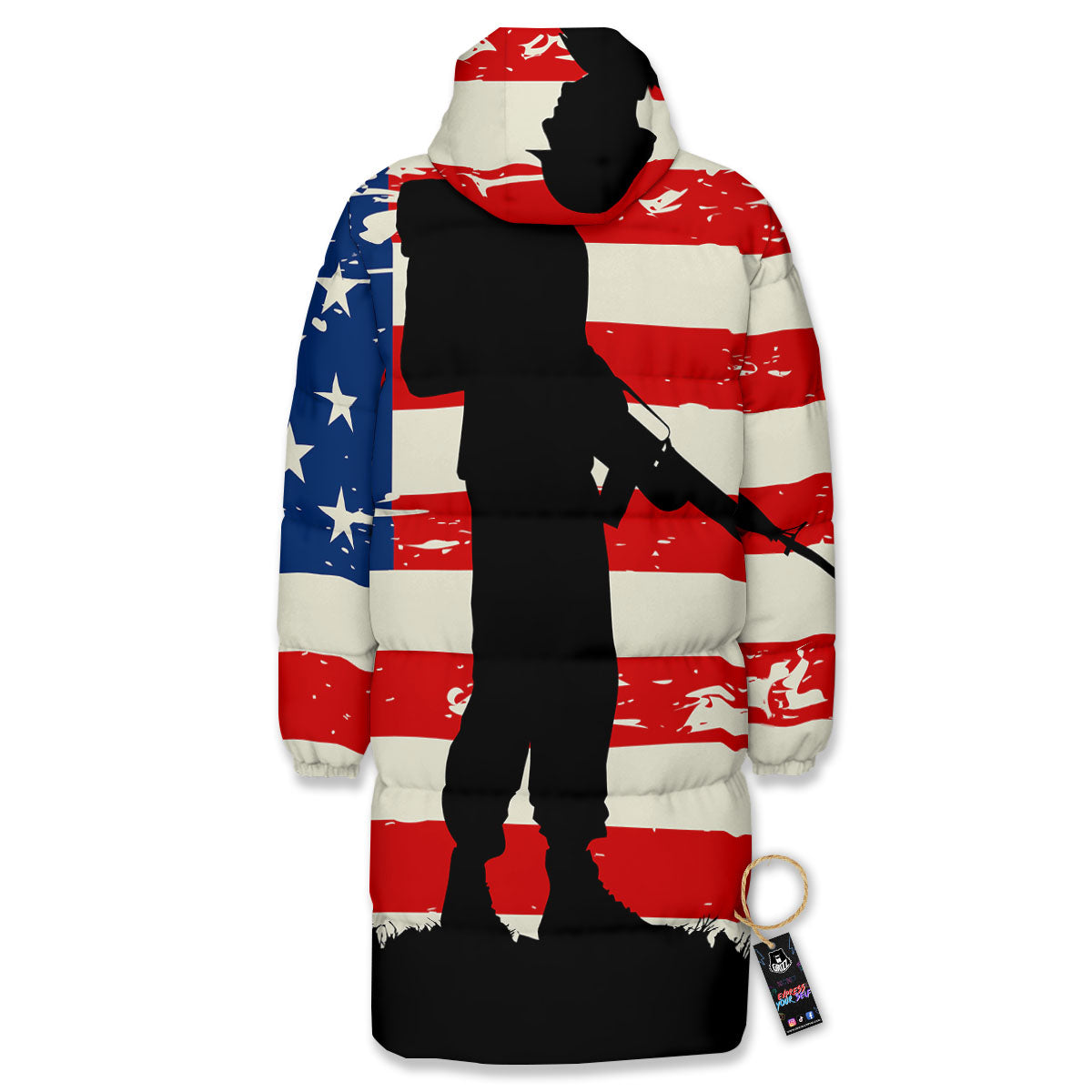 Memorial War American Flag Print Long Down Jacket-grizzshop