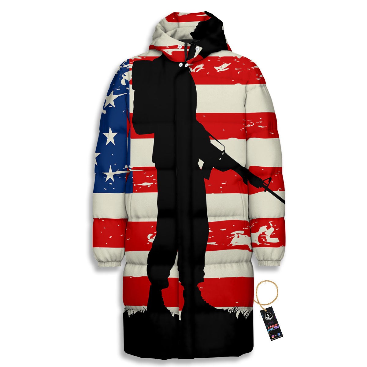 Memorial War American Flag Print Long Down Jacket-grizzshop
