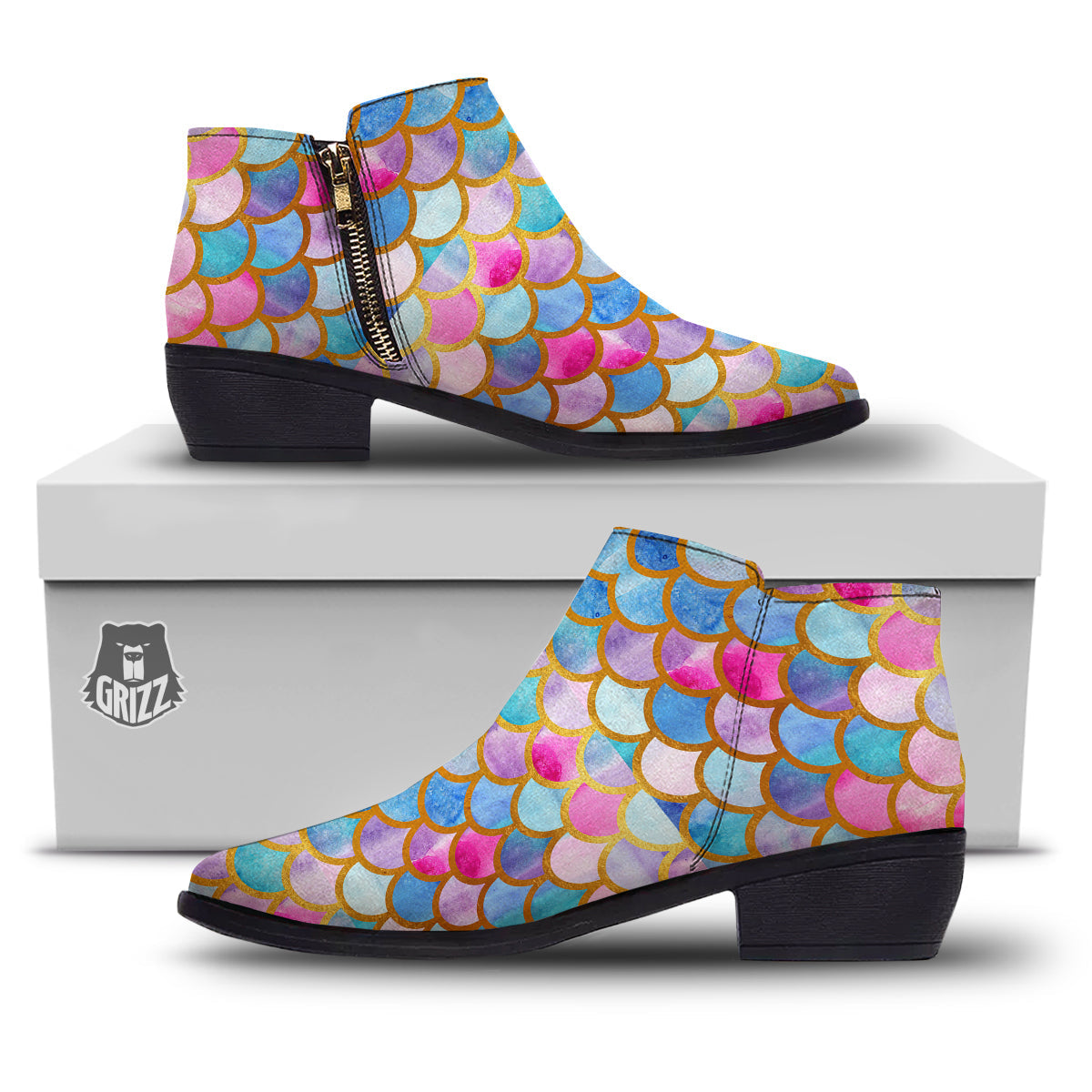 Mermaid Colorful Print Pattern Ankle Boots-grizzshop