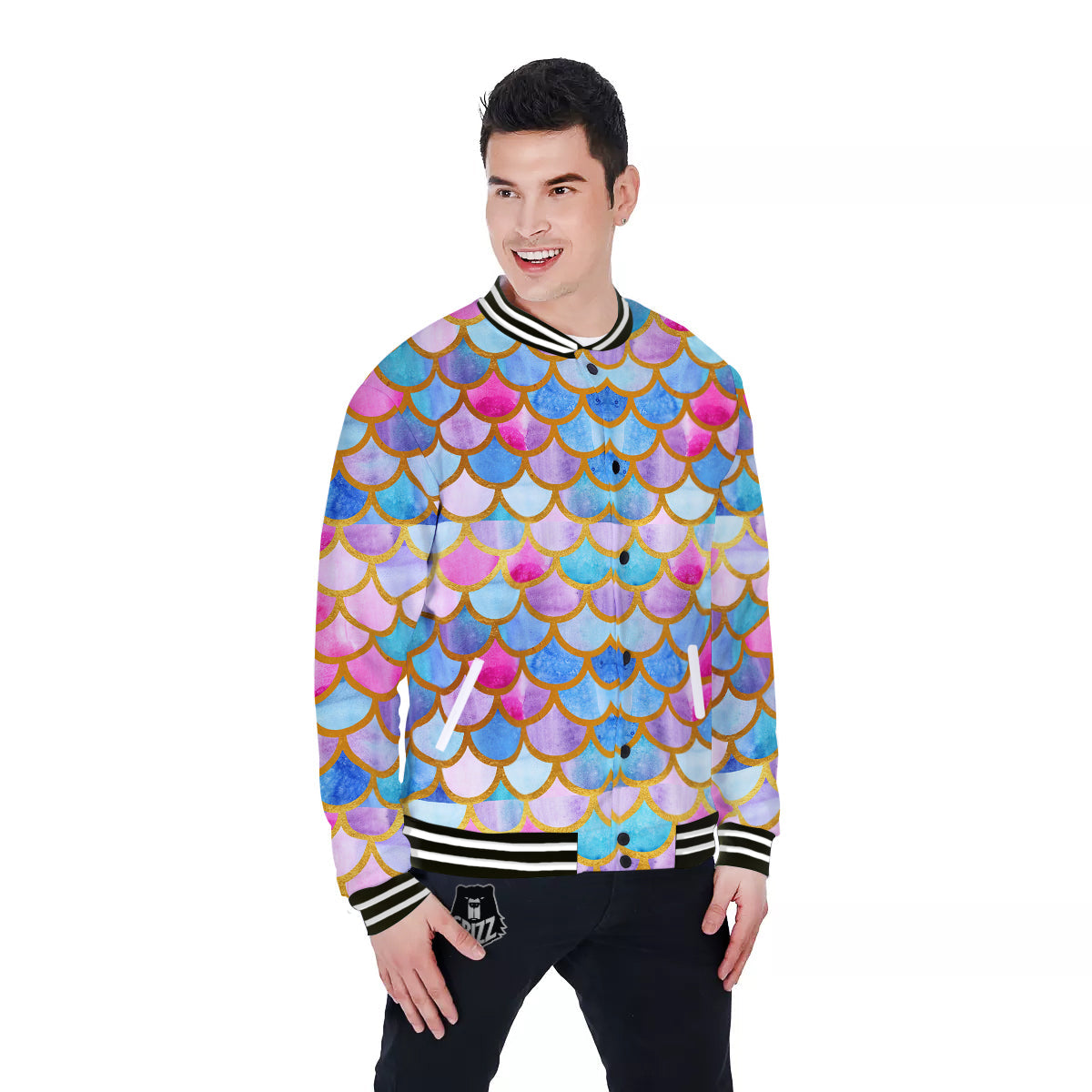 Mermaid Colorful Print Pattern Baseball Jacket-grizzshop