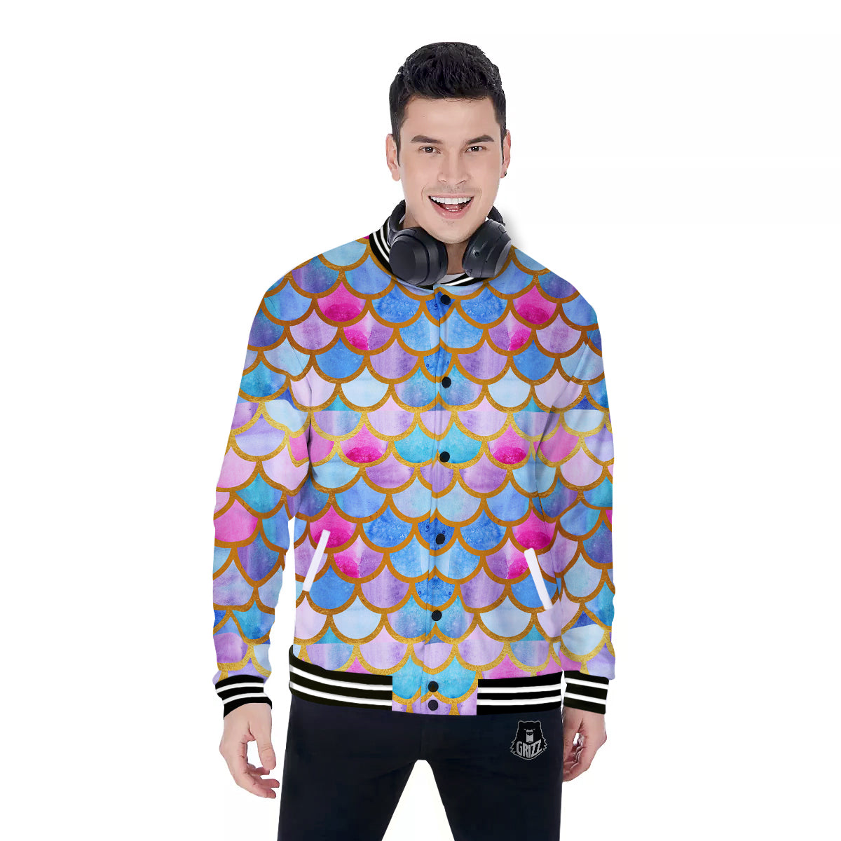 Mermaid Colorful Print Pattern Baseball Jacket-grizzshop