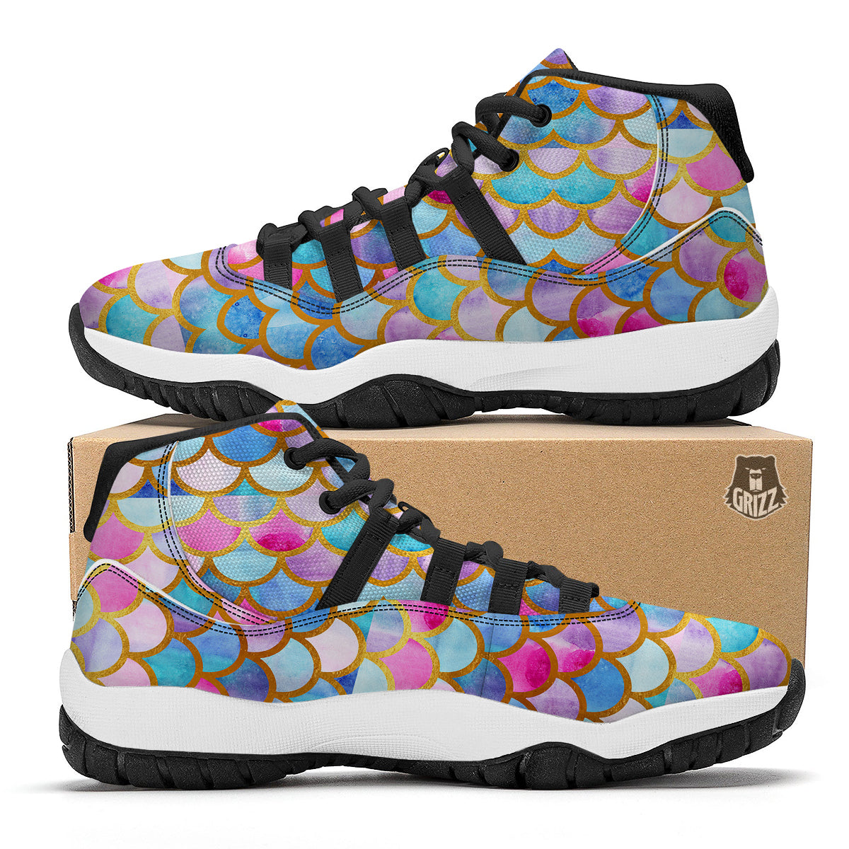 Mermaid Colorful Print Pattern Black Bball Shoes-grizzshop