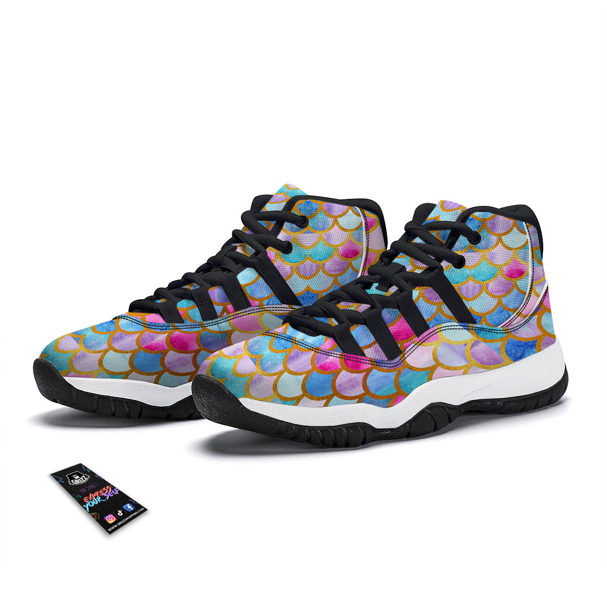 Mermaid Colorful Print Pattern Black Bball Shoes-grizzshop