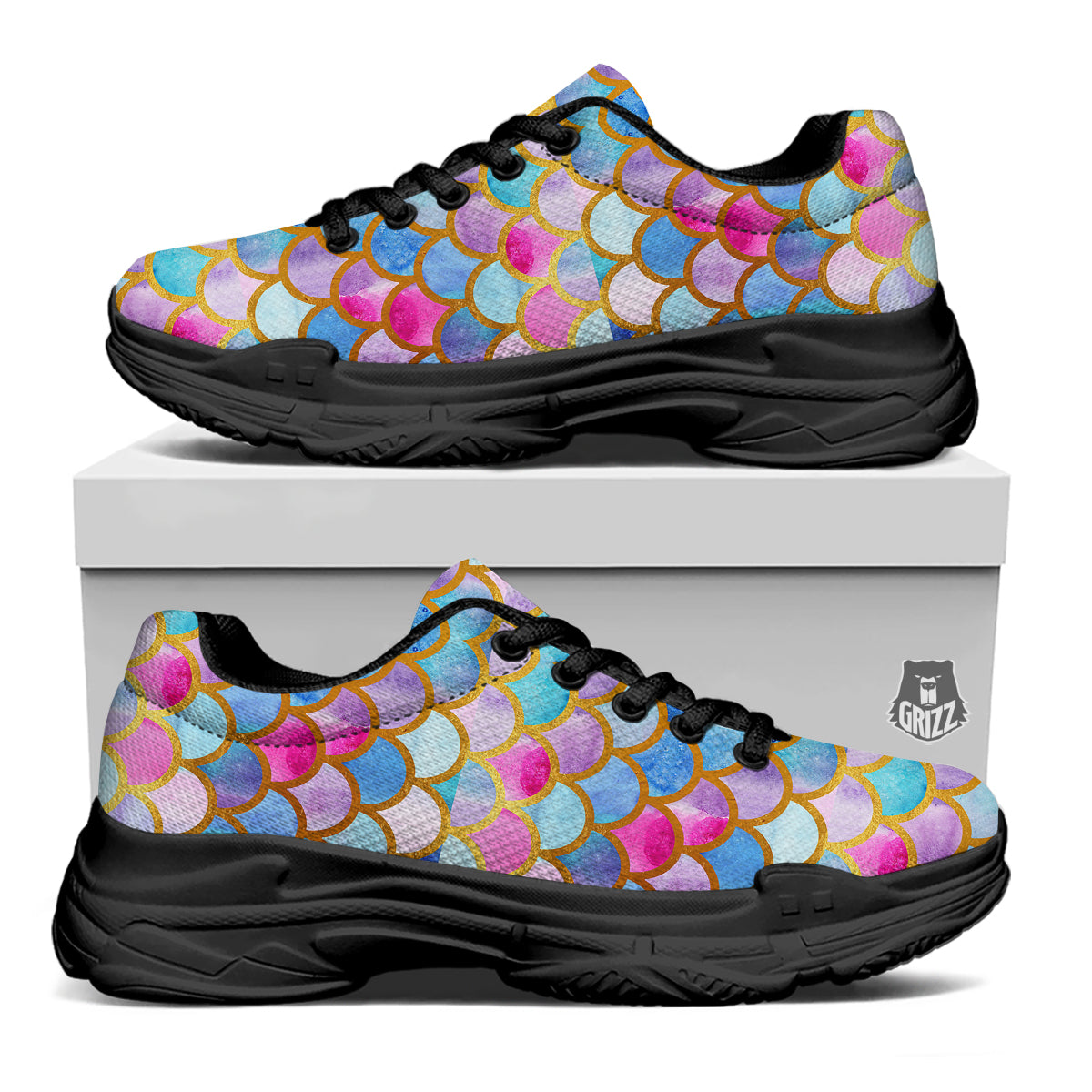 Mermaid Colorful Print Pattern Black Chunky Shoes-grizzshop