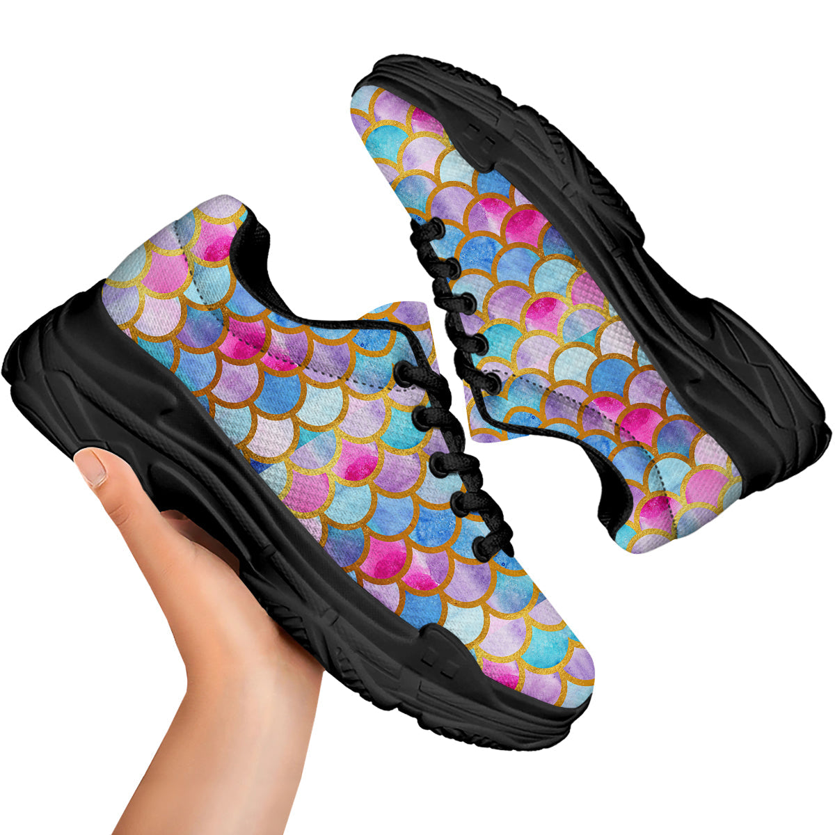 Mermaid Colorful Print Pattern Black Chunky Shoes-grizzshop