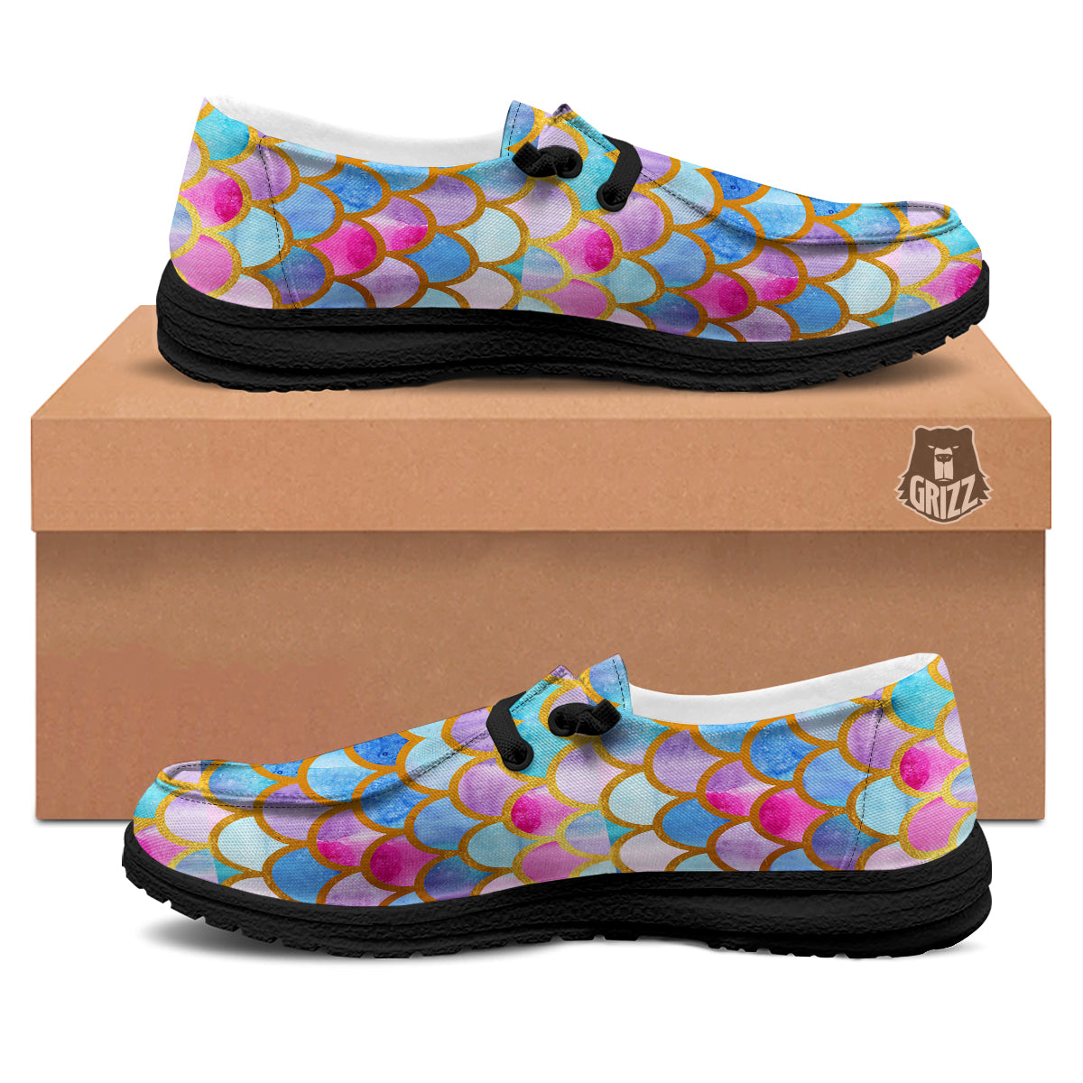 Mermaid Colorful Print Pattern Black Loafers-grizzshop